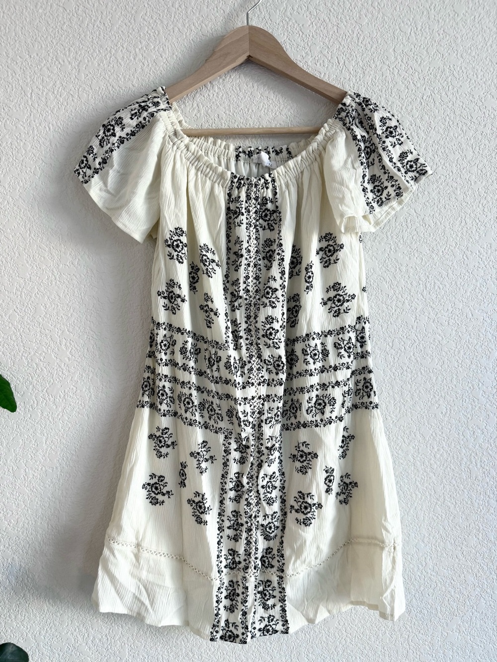Socialite Cream Boho Peasant Dress with Black Floral Print